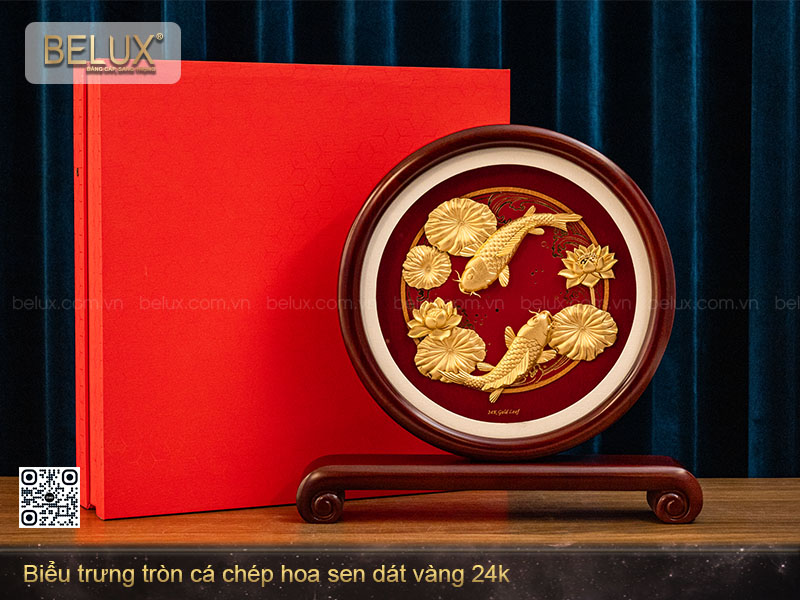 Biểu Trưng Tròn Cá Chép Hoa Sen Dát Vàng 24k